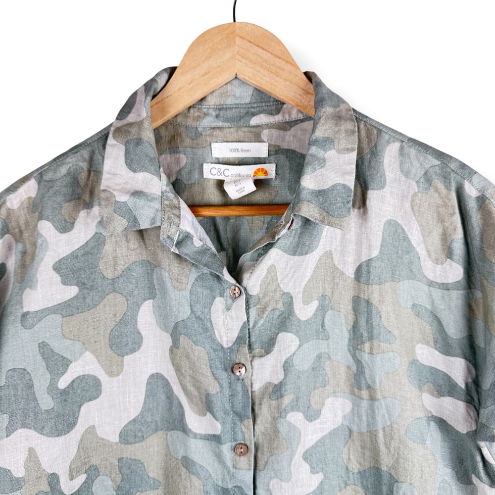 C&C California Shirt Dress Womens Size Small 100% Linen Camo Granola Earthy - Picture 9 of 10